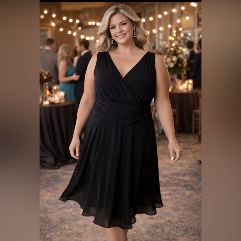 Connected Dress Black 18W Flowy A Line Midi Sleeveless V Neck NEW NWOT